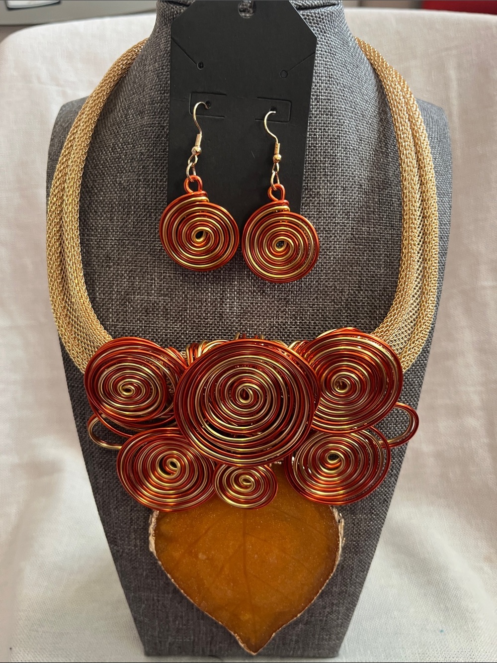 Handmade Red-Gold Spiral Statement Necklace & Earring Set